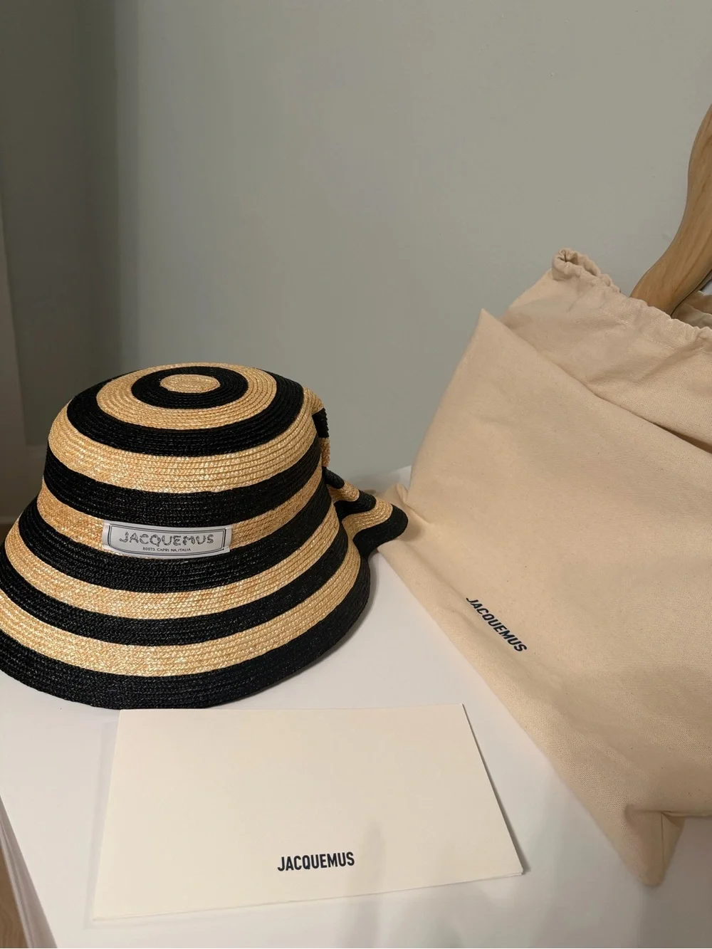 Jacquemus Black and Natural Striped Bucket Hat with Label